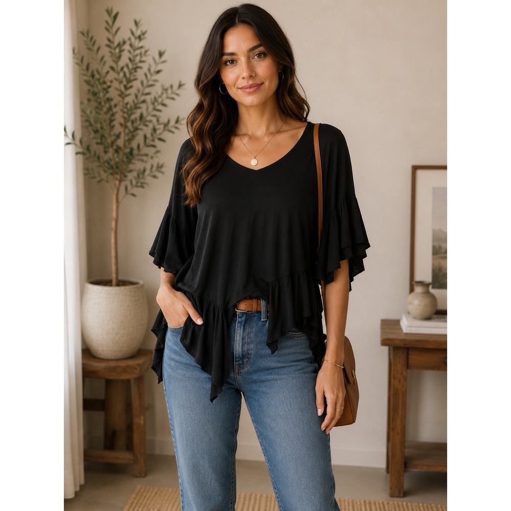Maze Witchy Womens Boho Ruffle Asymmetrical Bell‎ Sleeve Top One Size Festival